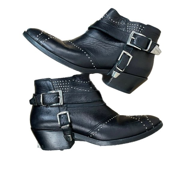 Anine Bing Bianca Leather Studded Accents Ankle Boots Black 6 36 Buckle Harness - Picture 6 of 12